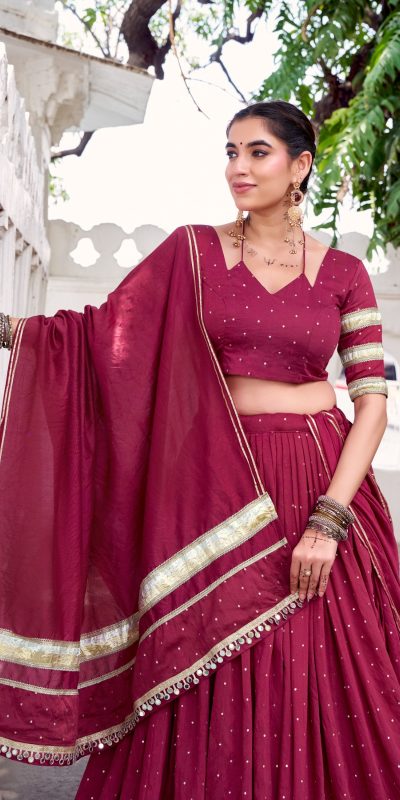 LNB 1664 Maroon Pure Chanderi Lehenga Choli Perfect for Wedding, Party, Family Gatherings, Festival Celebrations, Grab it for ₹2999. Delivery 4-6 Days | Lehenga, Bollywood Lehenga, Creative Lehenga, Designer Lehenga, Embroidered Lehenga, Party Wear Lehenga