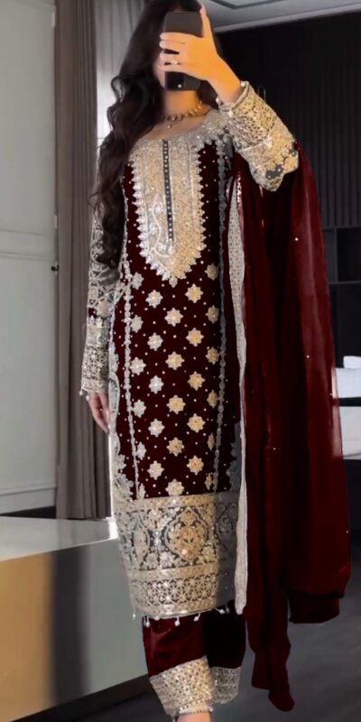 SR 1654 Maroon in Faux Georgette With Heavy Embroidery Sequence Work Wedding, Party, Festive, Events Special 4-6 Working Days At 2599/- Only | Jump Suits, Salwar suit, Casual Suits, Creative suits, Designer Suits, Palazzo Suits, Party Wear Suits, Patiala Suits, Straight Suits
