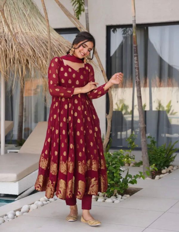 VLM 299 Maroon Faux Georgette With Embroidery Work Gown Perfect for Wedding, Party, Ethnic Day, Housewarming, Cultural Events At 2099/-Only | Gowns, Bollywood Gowns, Creative Gowns, Designer Gowns, Embroidered Gowns, Party Wear Gowns