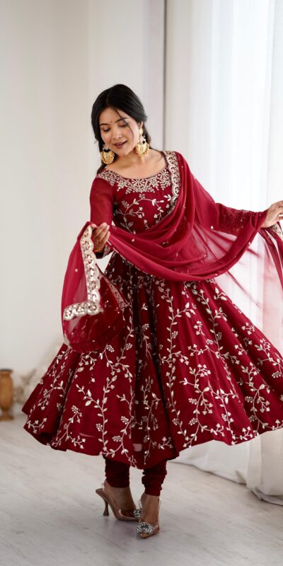 SRK 5299 Maroon Faux Georgette With Sequence Work Perfect for Wedding, Party, Temple Visit, Ganesh Chaturthi Festive, Events, 4-6 Working Days At 2149 | Gowns, Bollywood Gowns, Creative Gowns, Designer Gowns, Embroidered Gowns, Party Wear Gowns