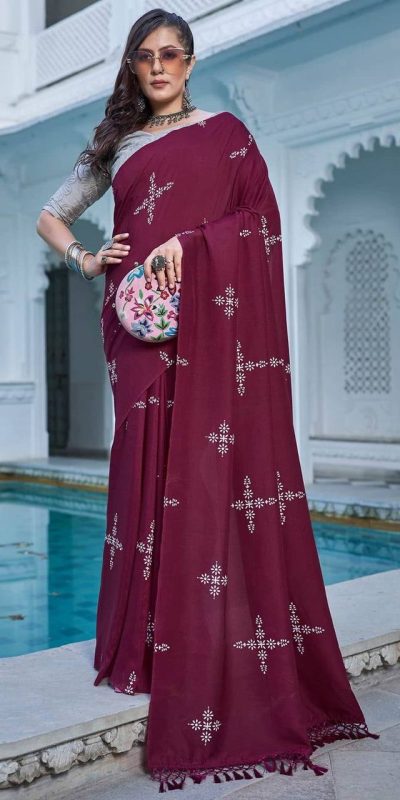 BT 1104 Maroon Natural silk with Thread Embroidery & Embroidery Work Saree . Now at just ₹1549. Delivery 4-6 Working Days. Shop now. | Sarees, Bollywood Sarees, Creative Sarees, Designer Sarees, Embroidered Sarees, Ethnic Saree, Modern Digital sarees, Party Wear Sarees