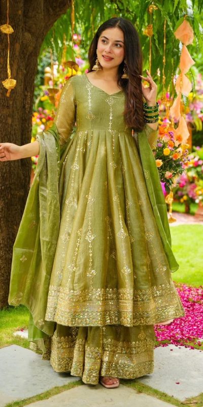 SSR 526 Mehandi Crunchy Silk With Heavy Embroidery Sequence Work With Fully Flair Salwar Suit Wedding, Party, Festive, Events, Now at just ₹2399. Delivery 4 | Jump Suits, Tops & Bottoms, Track Suits, Salwar suit, Casual Suits, Creative suits, Designer Suits, Palazzo Suits, Party Wear Suits, Patiala Suits, Straight Suits, Trendy Wear