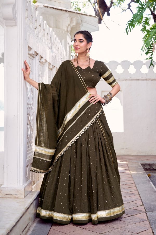 LNB 1664 Mehendi Pure Chanderi Lehenga Choli Perfect for Wedding, Party, Family Gatherings, Festival Celebrations, Grab it for ₹2999. Delivery 4-6 Days | Lehenga, Bollywood Lehenga, Creative Lehenga, Designer Lehenga, Embroidered Lehenga, Party Wear Lehenga