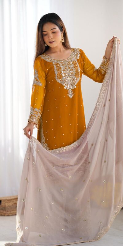 SR 1676 Mustard Heavy Faux Georgette With Heavy Embroidery Perfect for Wedding, Party, Ethnic Day, Reception, Diwali 4-6 Working Days At 2049/- Only | Jump Suits, Salwar suit, Casual Suits, Creative suits, Designer Suits, Palazzo Suits, Party Wear Suits, Patiala Suits, Straight Suits