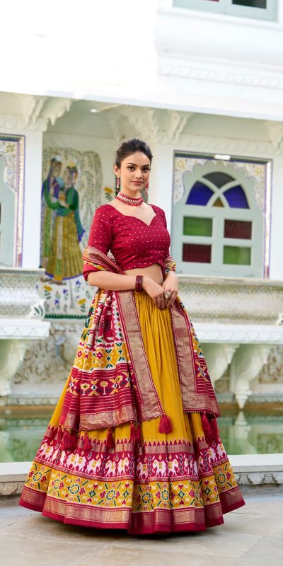 LNB 1680 Mustard Tasar Silk Patola Print & Gotta Patti Work Lehenga Choli in . Special Price ₹2449. Delivery 4-6 Working Days. Shop now. | Lehenga, Bollywood Lehenga, Creative Lehenga, Designer Lehenga, Embroidered Lehenga, Party Wear Lehenga