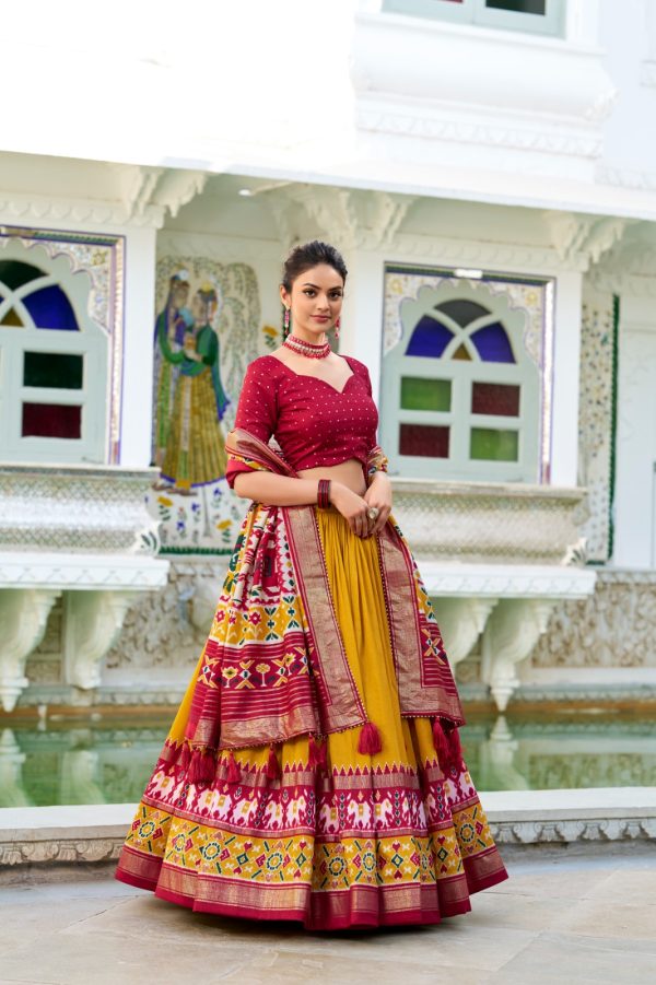 LNB 1680 Mustard Tasar Silk Patola Print & Gotta Patti Work Lehenga Choli in . Special Price ₹2449. Delivery 4-6 Working Days. Shop now. | Lehenga, Bollywood Lehenga, Creative Lehenga, Designer Lehenga, Embroidered Lehenga, Party Wear Lehenga