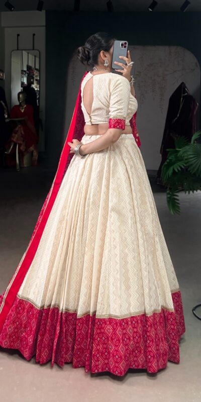 LNB 1669 Off White Cotton Sequins Work & Bandhej Print Lehenga Choli in . Best Price ₹3099. Delivery 4-6 Working Days. Shop now. | Lehenga, Bollywood Lehenga, Creative Lehenga, Designer Lehenga, Embroidered Lehenga, Party Wear Lehenga