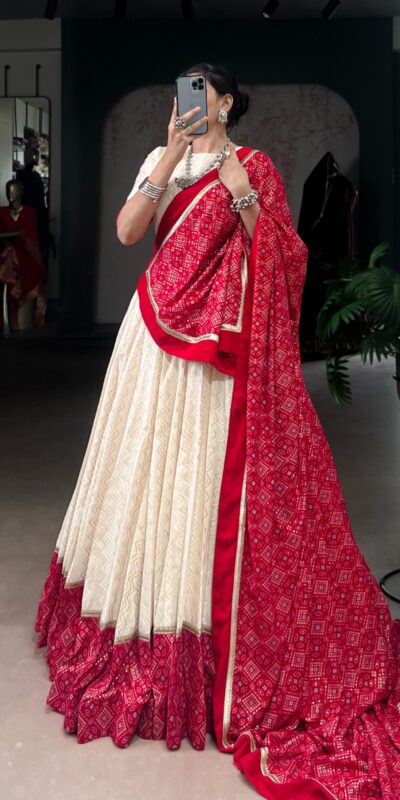 LNB 1669 Off White Cotton Sequins Work & Bandhej Print Lehenga Choli in . Best Price ₹3099. Delivery 4-6 Working Days. Shop now. | Lehenga, Bollywood Lehenga, Creative Lehenga, Designer Lehenga, Embroidered Lehenga, Party Wear Lehenga