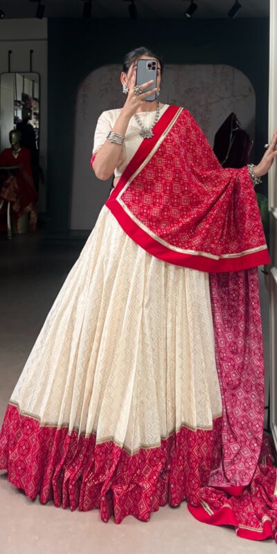 LNB 1669 Off White Cotton Sequins Work & Bandhej Print Lehenga Choli in . Best Price ₹3099. Delivery 4-6 Working Days. Shop now. | Lehenga, Bollywood Lehenga, Creative Lehenga, Designer Lehenga, Embroidered Lehenga, Party Wear Lehenga