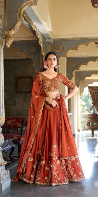 LNB 1427 Orange Rangoli Silk With Sequins Work & Embroidery Work Lehenga Choli. Exclusive Offer ₹3499. Delivery 4-6 Working Days. At 3499 | Lehenga, Bollywood Lehenga, Creative Lehenga, Designer Lehenga, Embroidered Lehenga, Party Wear Lehenga