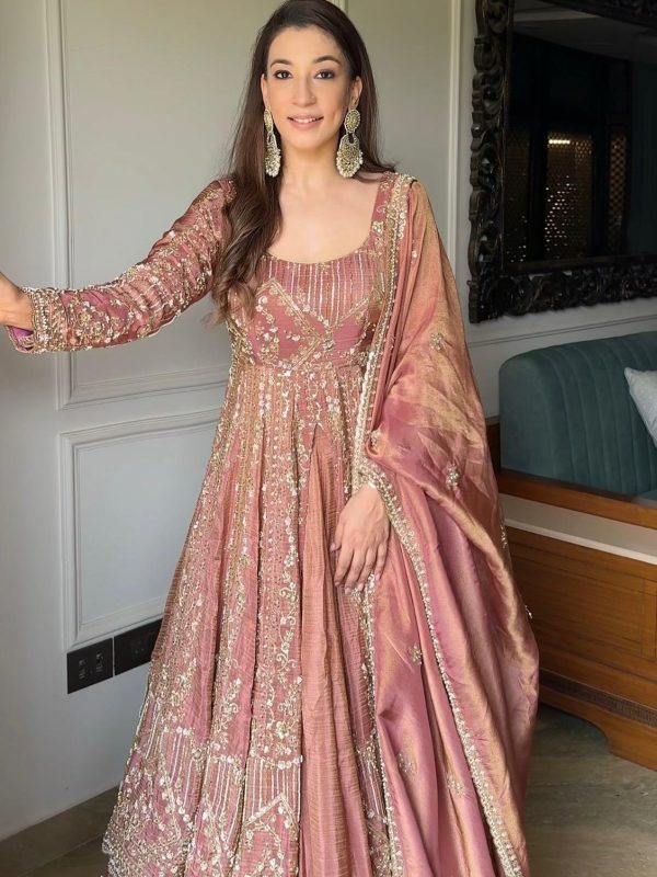 VLM 297 Peach Crunchy Silk with Lace Work & Embroidery Work Gown . Introductory Price ₹2499. Delivery 4-6 Working Days. Shop now. | Gowns, Bollywood Gowns, Creative Gowns, Designer Gowns, Embroidered Gowns, Party Wear Gowns