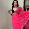 Pink Georgette Lace Work Border Saree