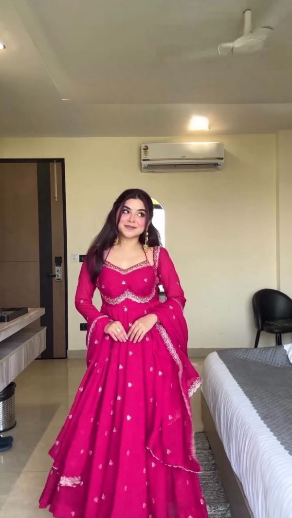 RTC 5924 Pink Georgette Thread With Sequence Gown Perfect for Wedding, Party, Reception, Holi, Eid . Available at ₹1999 only. Delivery 4-6 Working Days. | Gowns, Bollywood Gowns, Creative Gowns, Designer Gowns, Embroidered Gowns, Party Wear Gowns