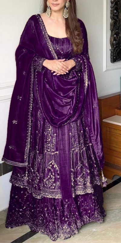 VLM 297 Purple Crunchy Silk with Lace Work & Embroidery Work Gown . Introductory Price ₹2499. Delivery 4-6 Working Days. Shop now. | Gowns, Bollywood Gowns, Creative Gowns, Designer Gowns, Embroidered Gowns, Party Wear Gowns