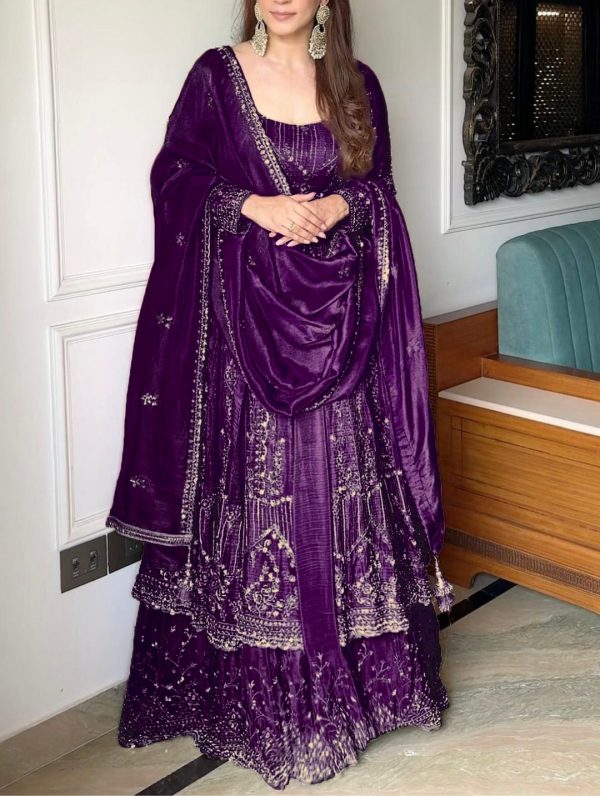 VLM 297 Purple Crunchy Silk with Lace Work & Embroidery Work Gown . Introductory Price ₹2499. Delivery 4-6 Working Days. Shop now. | Gowns, Bollywood Gowns, Creative Gowns, Designer Gowns, Embroidered Gowns, Party Wear Gowns