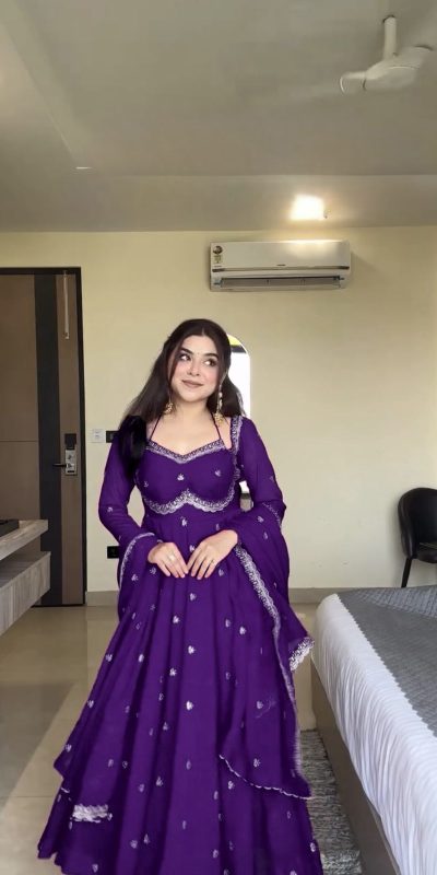 RTC 5924 Purple Georgette Thread With Sequence Gown Perfect for Wedding, Party, Reception, Holi, Eid . Available at ₹1999 only. Delivery 4-6 Working Days. | Gowns, Bollywood Gowns, Creative Gowns, Designer Gowns, Embroidered Gowns, Party Wear Gowns