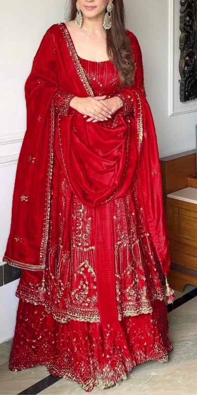 VLM 297 Red Crunchy Silk with Lace Work & Embroidery Work Gown . Introductory Price ₹2499. Delivery 4-6 Working Days. Shop now. | Gowns, Bollywood Gowns, Creative Gowns, Designer Gowns, Embroidered Gowns, Party Wear Gowns