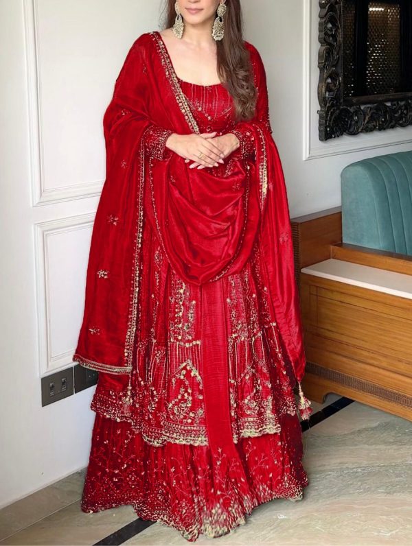 VLM 297 Red Crunchy Silk with Lace Work & Embroidery Work Gown . Introductory Price ₹2499. Delivery 4-6 Working Days. Shop now. | Gowns, Bollywood Gowns, Creative Gowns, Designer Gowns, Embroidered Gowns, Party Wear Gowns