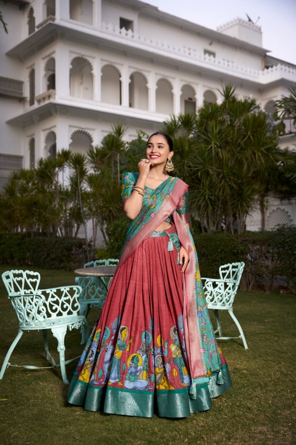 LNB 1231 Red Dola Silk Jacquard Silk Kalamkari Print & Zari Work Lehenga Choli in Best Price ₹1899. Delivery 4-6 Working Days. Shop now. | Lehenga, Bollywood Lehenga, Creative Lehenga, Designer Lehenga, Embroidered Lehenga, Party Wear Lehenga