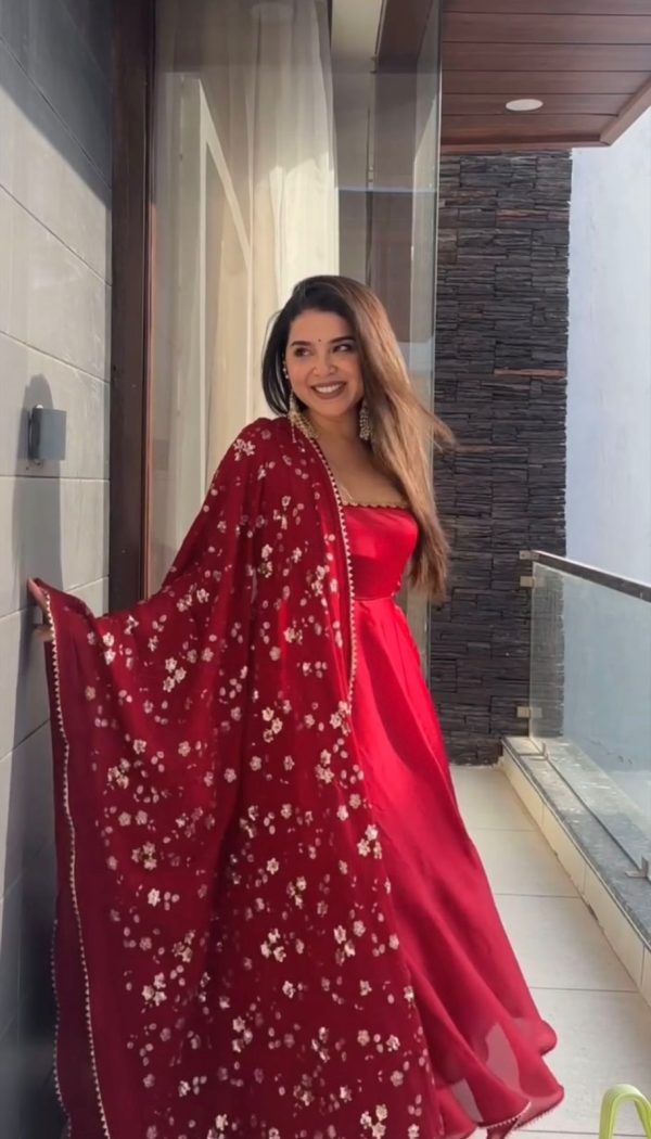 SRK 5128 Red | Red Heavy Faux Georgette With Embroidery Sequence Work With Attached Cups With Fully Flair Salwar Suit with Lace Work & Embroidery Work. Gra | Salwar suit, Casual Suits, Creative suits, Designer Suits, Palazzo Suits, Party Wear Suits, Patiala Suits, Straight Suits