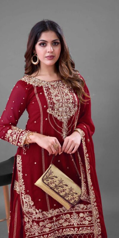 SR 1688 Red Heavy Faux Georgette With Heavy Embroidery Wedding, Party, Festive, Events, Navratri Garba, Reception, Haldi, 4-6 Working Days At 1949 Only | Jump Suits, Salwar suit, Casual Suits, Creative suits, Designer Suits, Palazzo Suits, Party Wear Suits, Patiala Suits, Straight Suits