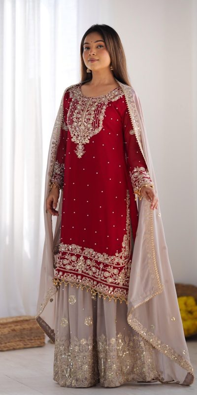 SR 1676 Red Red Heavy Faux Georgette With Heavy Embroidery Perfect for Wedding, Party, Ethnic Day, Reception, Diwali 4-6 Working Days At 2049/- Only | Jump Suits, Salwar suit, Casual Suits, Creative suits, Designer Suits, Palazzo Suits, Party Wear Suits, Patiala Suits, Straight Suits