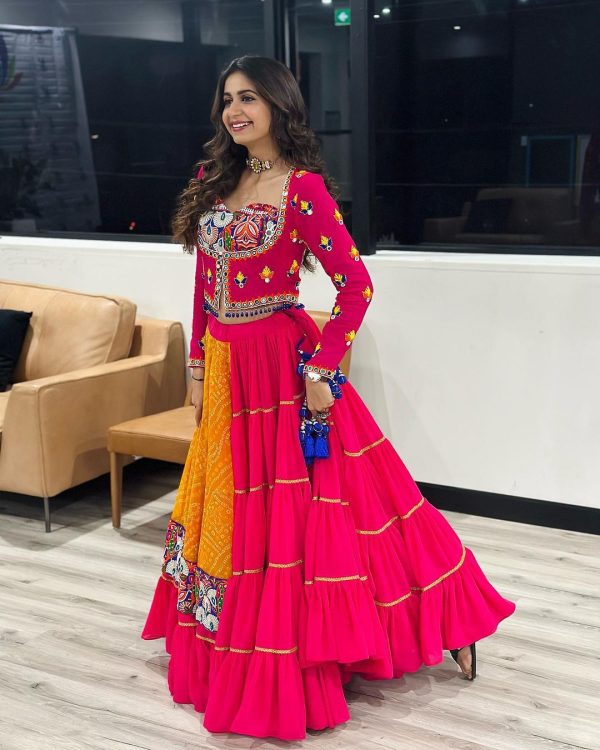 KF 1591 Red in Faux Georgette Digital Print & Mirror Work Lehenga Choli. Available at ₹1649 only. Delivery 4-6 Working Days. Shop now. | Lehenga, Bollywood Lehenga, Creative Lehenga, Designer Lehenga, Embroidered Lehenga, Party Wear Lehenga