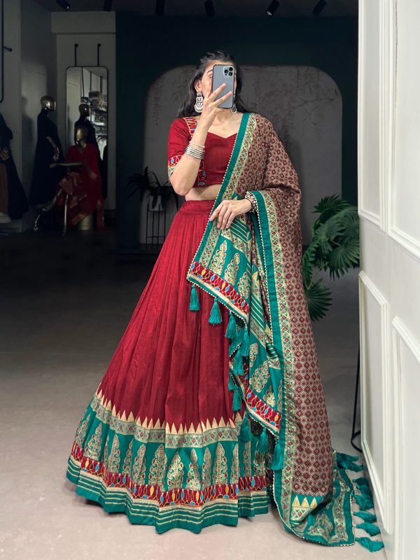 LNB 1727 Red Tasar Silk With Gamthi Work & Mirror Work. Get it for Lehenga Choli ₹2999. Delivery 4-6 Working Days. Shop now. | Lehenga, Bollywood Lehenga, Creative Lehenga, Designer Lehenga, Embroidered Lehenga, Party Wear Lehenga