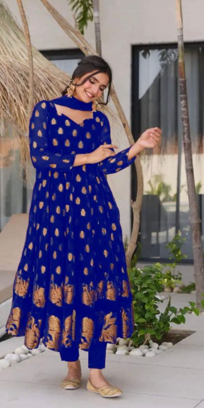 VLM 299 Royal Blue Faux Georgette With Embroidery Work Gown Perfect for Wedding, Party, Ethnic Day, Housewarming, Cultural Events At 2099/-Only | Gowns, Bollywood Gowns, Creative Gowns, Designer Gowns, Embroidered Gowns, Party Wear Gowns
