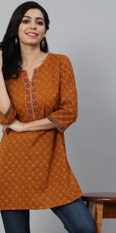 INLI Blush 2.0 Rust Cotton Printed Designer Work Kurti in . Wedding, Party, Festive, Events, Special Price ₹1269. Delivery 4-6 Working Days. Shop now. | Kurti, Bollywood Kurti, Creative Kurtis, Designer Kurti, Party Wear Kurti, Selfie Kurti