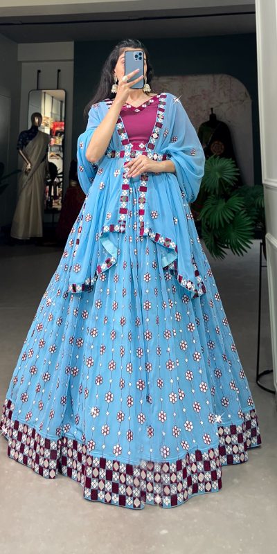 Choli LNB 1733 Sky Blue Georgette Mirror Work & Embroidery Work Lehenga in . Now at just ₹1999. Delivery 4-6 Working Days. Shop now. | Lehenga, Bollywood Lehenga, Creative Lehenga, Designer Lehenga, Embroidered Lehenga, Party Wear Lehenga
