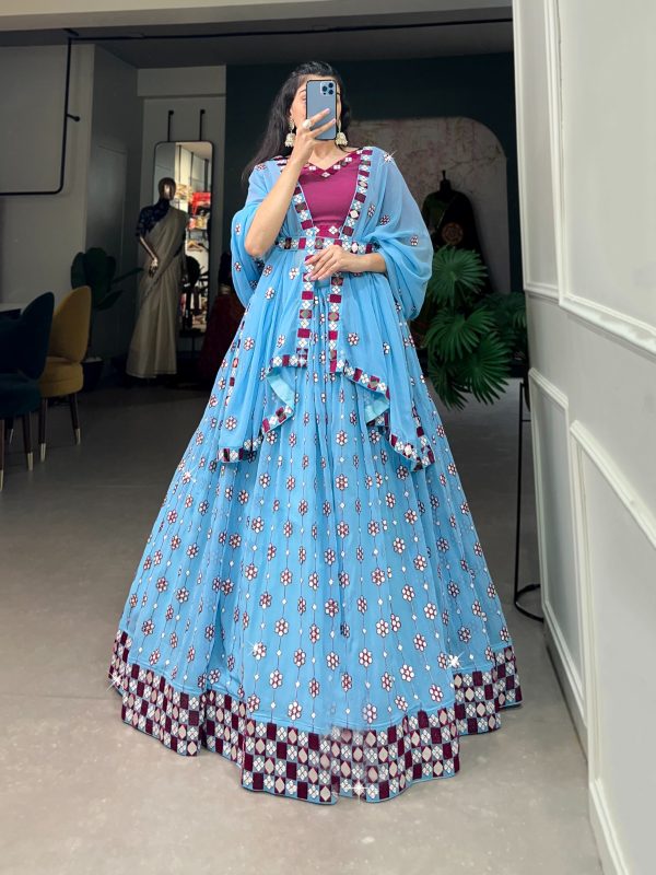 Choli LNB 1733 Sky Blue Georgette Mirror Work & Embroidery Work Lehenga in . Now at just ₹1999. Delivery 4-6 Working Days. Shop now. | Lehenga, Bollywood Lehenga, Creative Lehenga, Designer Lehenga, Embroidered Lehenga, Party Wear Lehenga