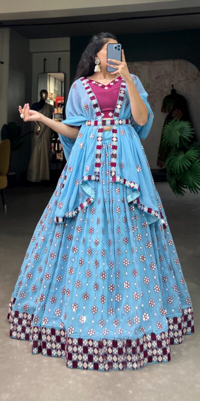 Choli LNB 1733 Sky Blue Georgette Mirror Work & Embroidery Work Lehenga in . Now at just ₹1999. Delivery 4-6 Working Days. Shop now. | Lehenga, Bollywood Lehenga, Creative Lehenga, Designer Lehenga, Embroidered Lehenga, Party Wear Lehenga