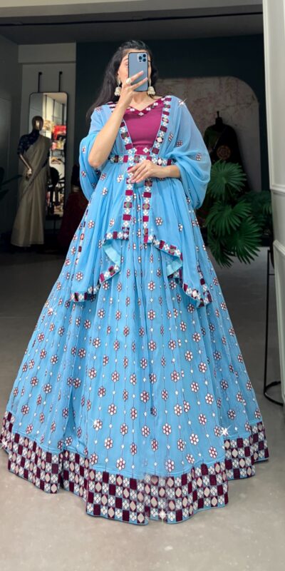 Choli LNB 1733 Sky Blue Georgette Mirror Work & Embroidery Work Lehenga in . Now at just ₹1999. Delivery 4-6 Working Days. Shop now. | Lehenga, Bollywood Lehenga, Creative Lehenga, Designer Lehenga, Embroidered Lehenga, Party Wear Lehenga