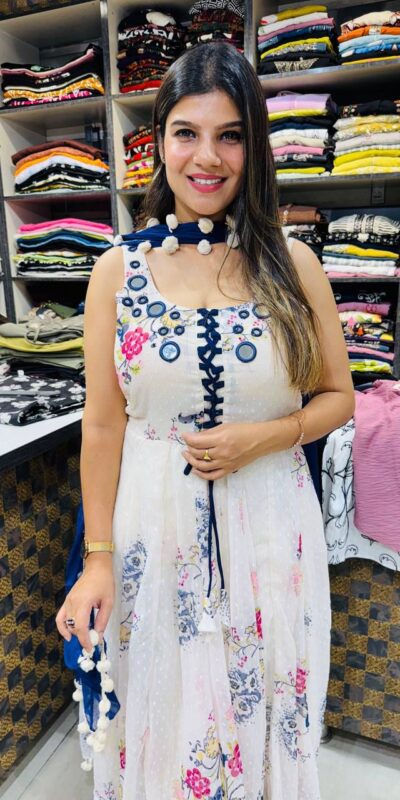 ZSR 3147 White Georgette Butti With Digital Print And Mirror Work Perfect for Wedding, Party, Engagement, Holi, Cultural Events 2099/- only | Gowns, Bollywood Gowns, Creative Gowns, Designer Gowns, Embroidered Gowns, Party Wear Gowns