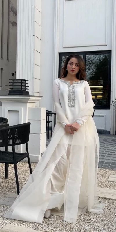 SRK 5252 White Faux Georgette Embroidery Work & Bead Work Salwar Suit . Wedding, Party, Festive, Events, Now at just ₹1499 | Jump Suits, Salwar suit, Casual Suits, Creative suits, Designer Suits, Palazzo Suits, Party Wear Suits, Patiala Suits, Straight Suits