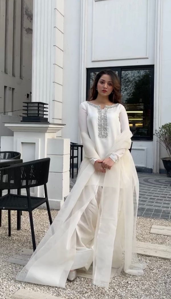 SRK 5252 White Faux Georgette Embroidery Work & Bead Work Salwar Suit . Wedding, Party, Festive, Events, Now at just ₹1499 | Jump Suits, Salwar suit, Casual Suits, Creative suits, Designer Suits, Palazzo Suits, Party Wear Suits, Patiala Suits, Straight Suits