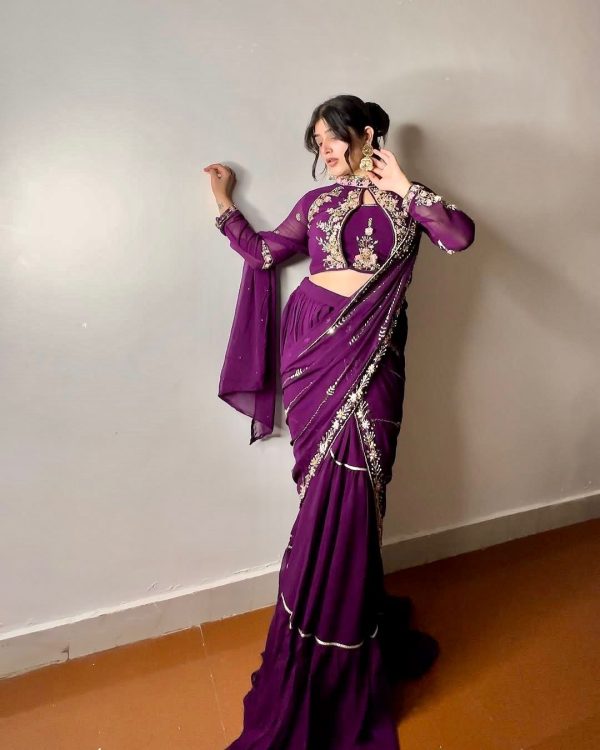 BE 280 Wine Georgette Lehenga Saree Perfect for Wedding, Party, Cultural Events, Housewarming, Ganesh Chaturthi . Affordable Price ₹2399. Delivery 4- | Lehenga, Bollywood Lehenga, Creative Lehenga, Designer Lehenga, Embroidered Lehenga, Party Wear Lehenga