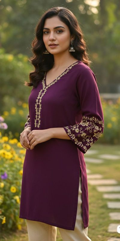 INLI Adaa 5.0 Wine Rayon with Embroidery Work Kurti .Wedding, Party, Festive, Events, Best Price ₹1349. Delivery 4-6 Working Days. Shop now. | Kurti, Bollywood Kurti, Creative Kurtis, Designer Kurti, Party Wear Kurti, Selfie Kurti