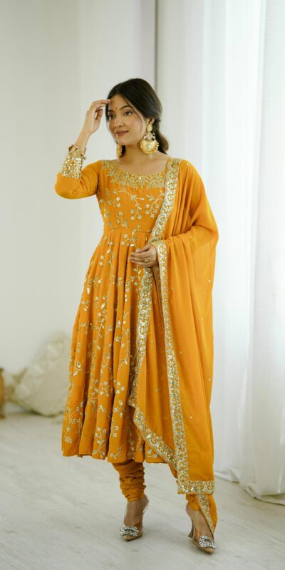 SRK 5299 Yellow Faux Georgette With Sequence Work Perfect for Wedding, Party, Temple Visit, Ganesh Chaturthi Festive, Events, 4-6 Working Days At 2149 | Gowns, Bollywood Gowns, Creative Gowns, Designer Gowns, Embroidered Gowns, Party Wear Gowns