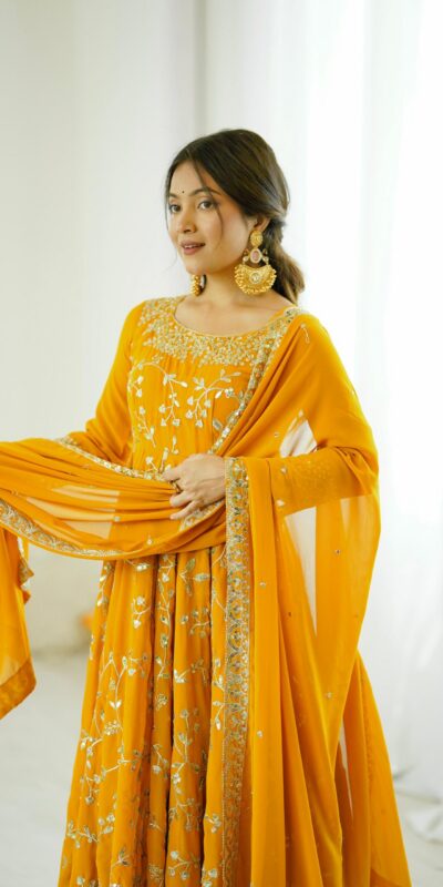 SRK 5299 Yellow Faux Georgette With Sequence Work Perfect for Wedding, Party, Temple Visit, Ganesh Chaturthi Festive, Events, 4-6 Working Days At 2149 | Gowns, Bollywood Gowns, Creative Gowns, Designer Gowns, Embroidered Gowns, Party Wear Gowns