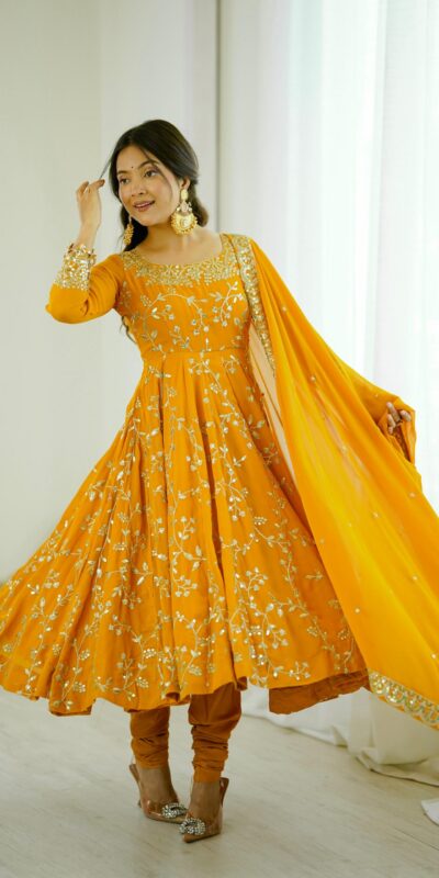 SRK 5299 Yellow Faux Georgette With Sequence Work Perfect for Wedding, Party, Temple Visit, Ganesh Chaturthi Festive, Events, 4-6 Working Days At 2149 | Gowns, Bollywood Gowns, Creative Gowns, Designer Gowns, Embroidered Gowns, Party Wear Gowns