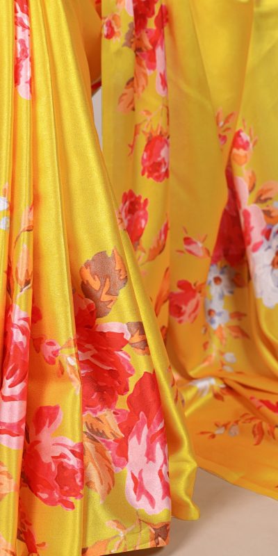 YNF 7004 Yellow Color Satin Silk Floral Printed Designer Work Saree . Grab it for ₹1549. Delivery 4-6 Working Days. Shop now. | Sarees, Bollywood Sarees, Creative Sarees, Designer Sarees, Embroidered Sarees, Ethnic Saree, Modern Digital sarees, Party Wear Sarees