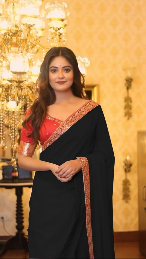 BT 394 Black Color Georgette Saree with Zari Work. Wedding, Party, Festive, Events, Grab it for ₹1774. Delivery 4-6 Working Days. Shop now. | Sarees, Bollywood Sarees, Creative Sarees, Designer Sarees, Embroidered Sarees, Ethnic Saree, Modern Digital sarees, Party Wear Sarees