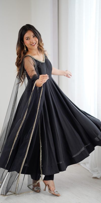 KB 285 Black in Roman Silk Chanderi Mirror Work & Lace Work Gown . Best Price ₹1929. Delivery 4-6 Working Days. Shop now. | Jump Suits, Salwar suit, Casual Suits, Creative suits, Designer Suits, Palazzo Suits, Party Wear Suits, Patiala Suits, Straight Suits
