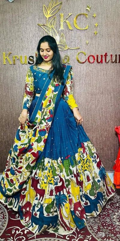 PC 388 Blue in Color Chent Crep Kalamkari Print Lehenga Choli . Affordable Price ₹2079. Delivery 4-6 Working Days. Shop now. | Jump Suits, Salwar suit, Casual Suits, Creative suits, Designer Suits, Palazzo Suits, Party Wear Suits, Patiala Suits, Straight Suits