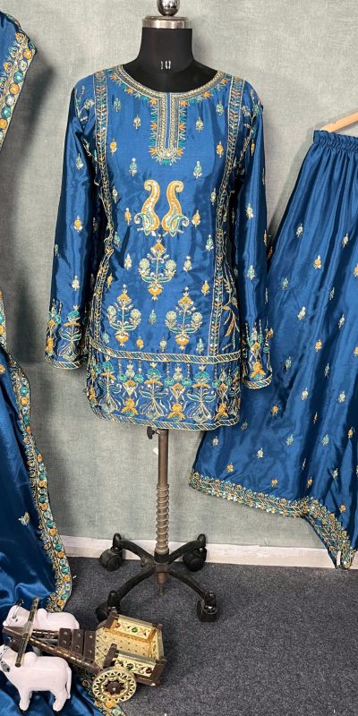 BD 1733 Blue Chinon Silk Salwar Suit with Sequins & Embroidery Work. Grab it for ₹2099. Delivery 4-6 Working Days. Shop now. | Jump Suits, Salwar suit, Casual Suits, Creative suits, Designer Suits, Palazzo Suits, Party Wear Suits, Patiala Suits, Straight Suits