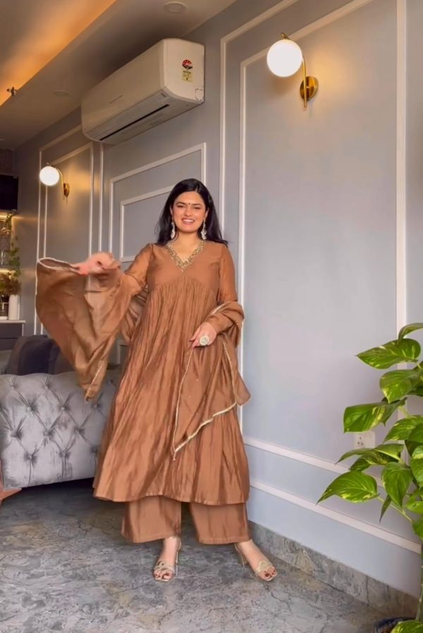 AD 152 Brown Color Pure Chinon Silk Embroidery Gown Fancy Full Sleeve Wedding, Party, Festive, Events Etc. Expected Delivery  4-6 Working Days @1799/ | Jump Suits, Salwar suit, Casual Suits, Creative suits, Designer Suits, Palazzo Suits, Party Wear Suits, Patiala Suits, Straight Suits