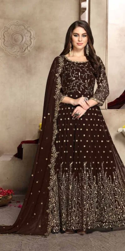 FC 94001 Brown Color Georgette Multi Thread Zari Stich Anarkali Suit Wedding, Party, Festive events, etc. Expected Delivery  4-6 Working Days @2399/- | Anarkali Suits, Bollywood Anarkali, Creative-Anarkali, Designer Anarkali, Embroidered Anarkali, Party Wear Anarkali