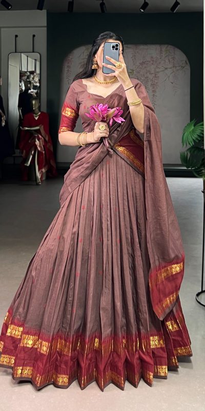 LNB 1904 Brown Color Pure Chanderi with Zari Work Lehenga Choli . Affordable Price ₹1999. Delivery 4-6 Working Days. Shop now. | Lehenga, Bollywood Lehenga, Creative Lehenga, Designer Lehenga, Embroidered Lehenga, Party Wear Lehenga